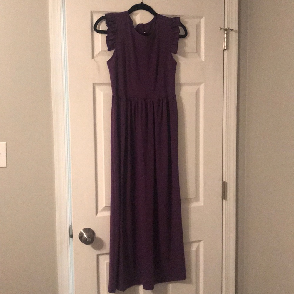 Purple midi dress with ruffle sleeves